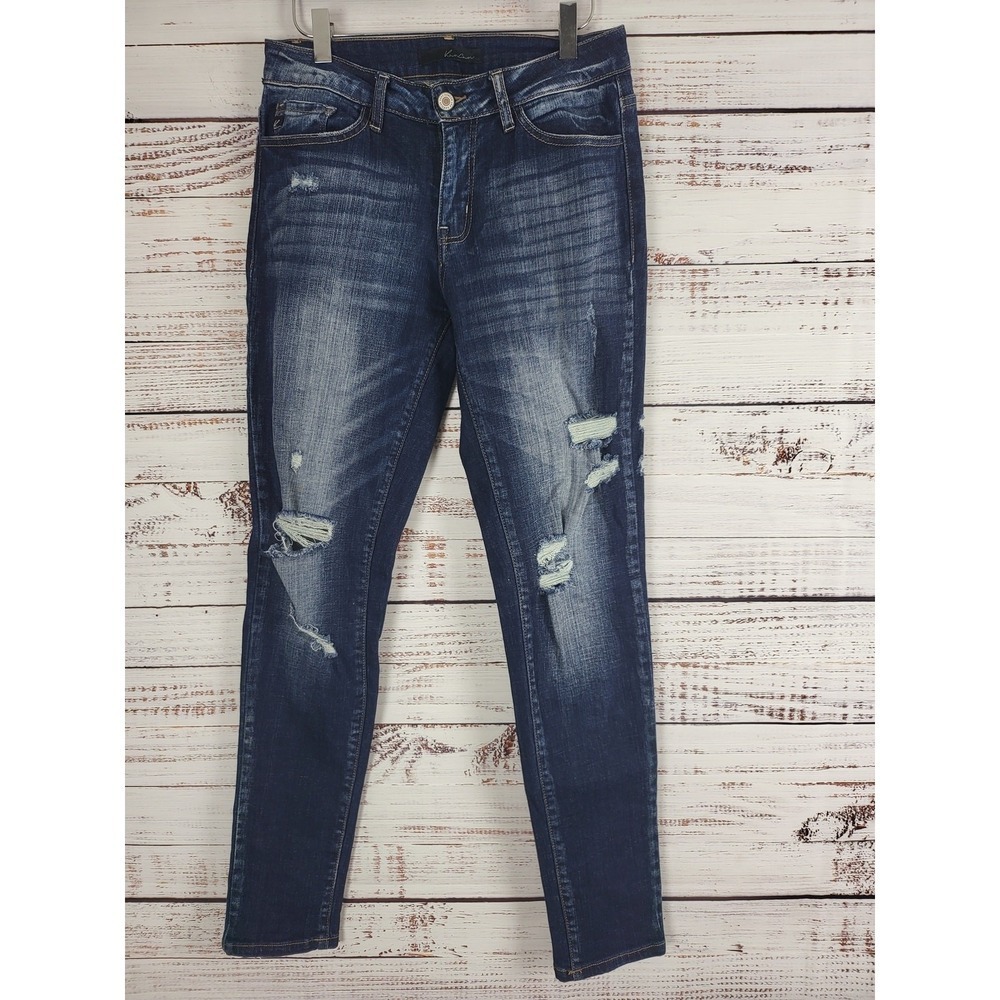 Kancan Jeans 27 Womens Distressed Skinny Leg Mid Rise Dark Wash